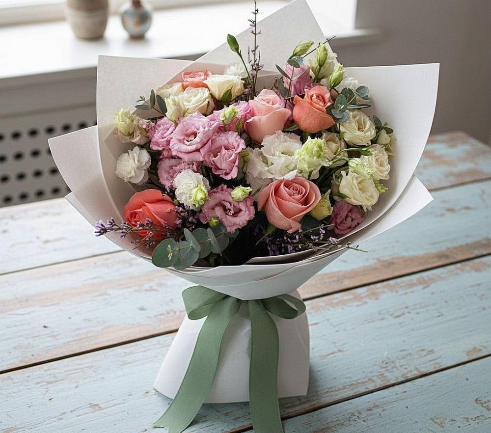 Букет цветов из: Розы, Лизиантусы и Гвоздики в Суходоле