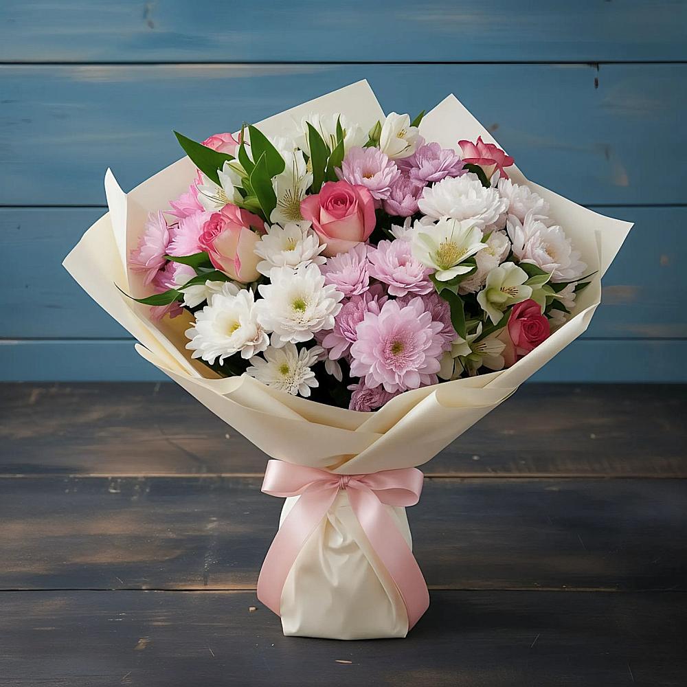 Букет цветов из: Хризантемы, Альстромерии и Розы в Суходоле